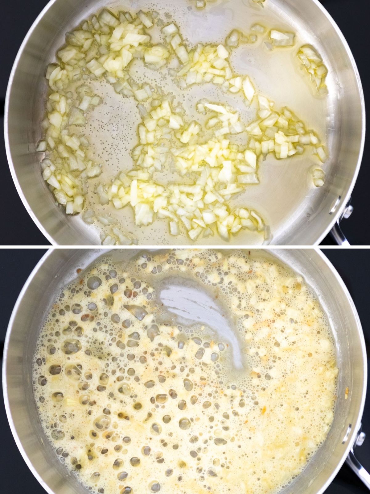 montagem com duas imagens: cebola sendo refogada no azeite de oliva (acima), roux em uma panela para fazer molho branco vegano (abaixo)