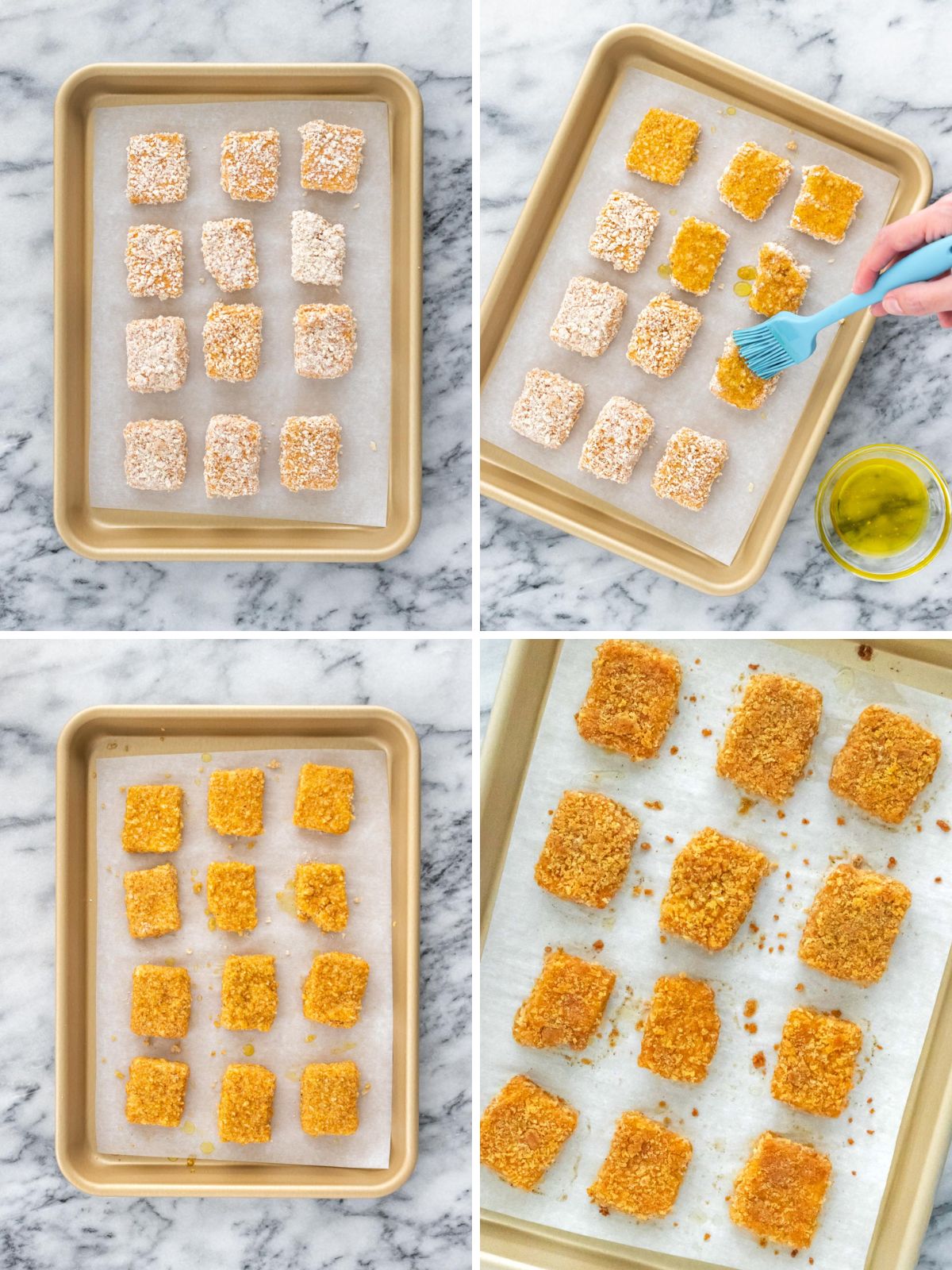 nuggets de tofu em uma assadeira para assar