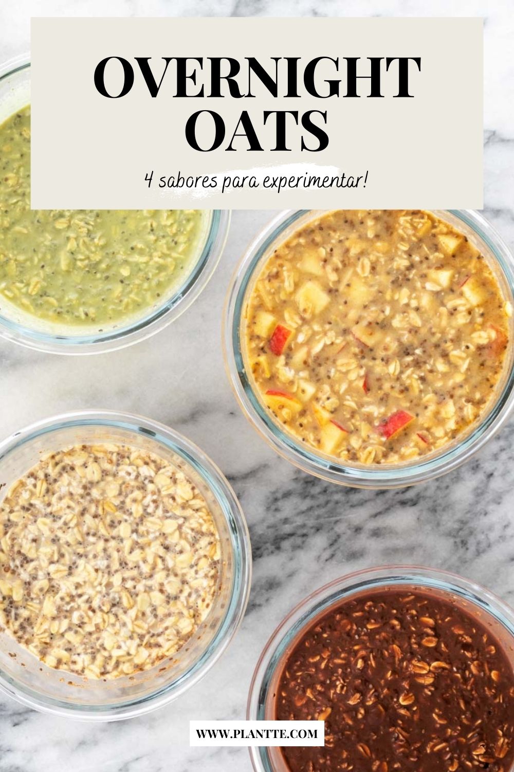 4 potes com diferentes sabores de overnight oats vistos de cima