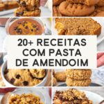 Imagem mostrando oito fotos de receitas que levam a pasta de amendoim como ingrediente: 1) muffin de banana com aveia, 2) cookie de pasta de amendoim, 3) smoothie de chocolate com tofu, 4) bolo de banana sem glúten, 5) bolo de banana de caneca, 6) cookie de aveia simples, 7) granola de pasta de amendoim, 8) pavê de amendoim. No meio da imagem há um texto escrito "20+ receitas com pasta de amendoim"