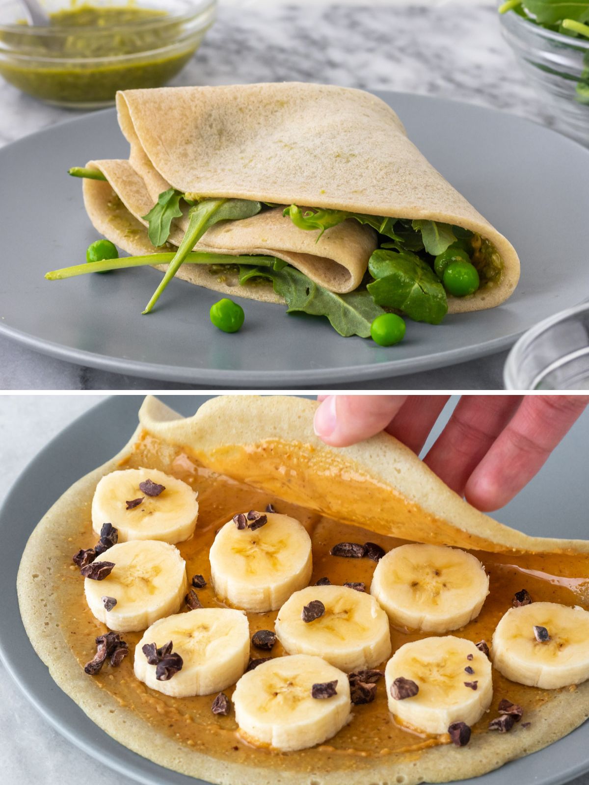 Duas opções para servir panqueca de quinoa: 1) Panqueca de quinoa recheada com molho pesto, ervilhas frescas e rúcula servida em um prato. ; 2) Panqueca de quinoa recheada com pasta de amendoim, rodelas de banana e nibs de cacau.