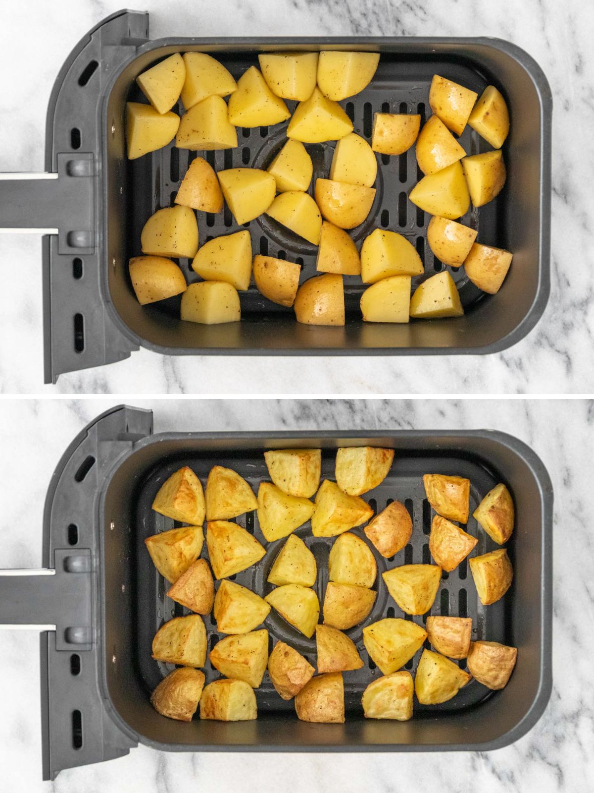 Pedaços de batata inglesa temperados com azeite de oliva, sal e pimenta-do-reino, dentro de um cesto de airfryer.