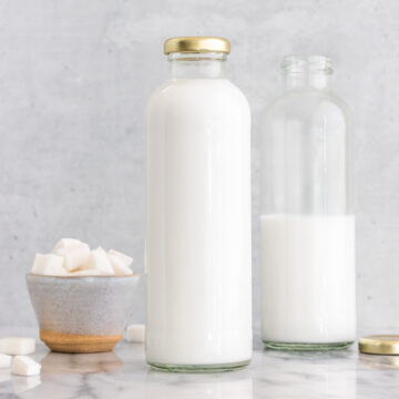 duas garrafas de leite de coco caseiro em cima de uma mesa. ao fundo, um ponte com coco seco em cubos.