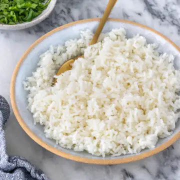 arroz branco servido em um prato com uma colher