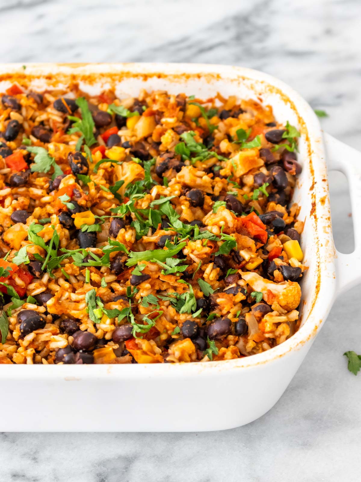 assado de arroz com feijão-preto e vegetais em uma travessa, misturado com coentro fresco picado