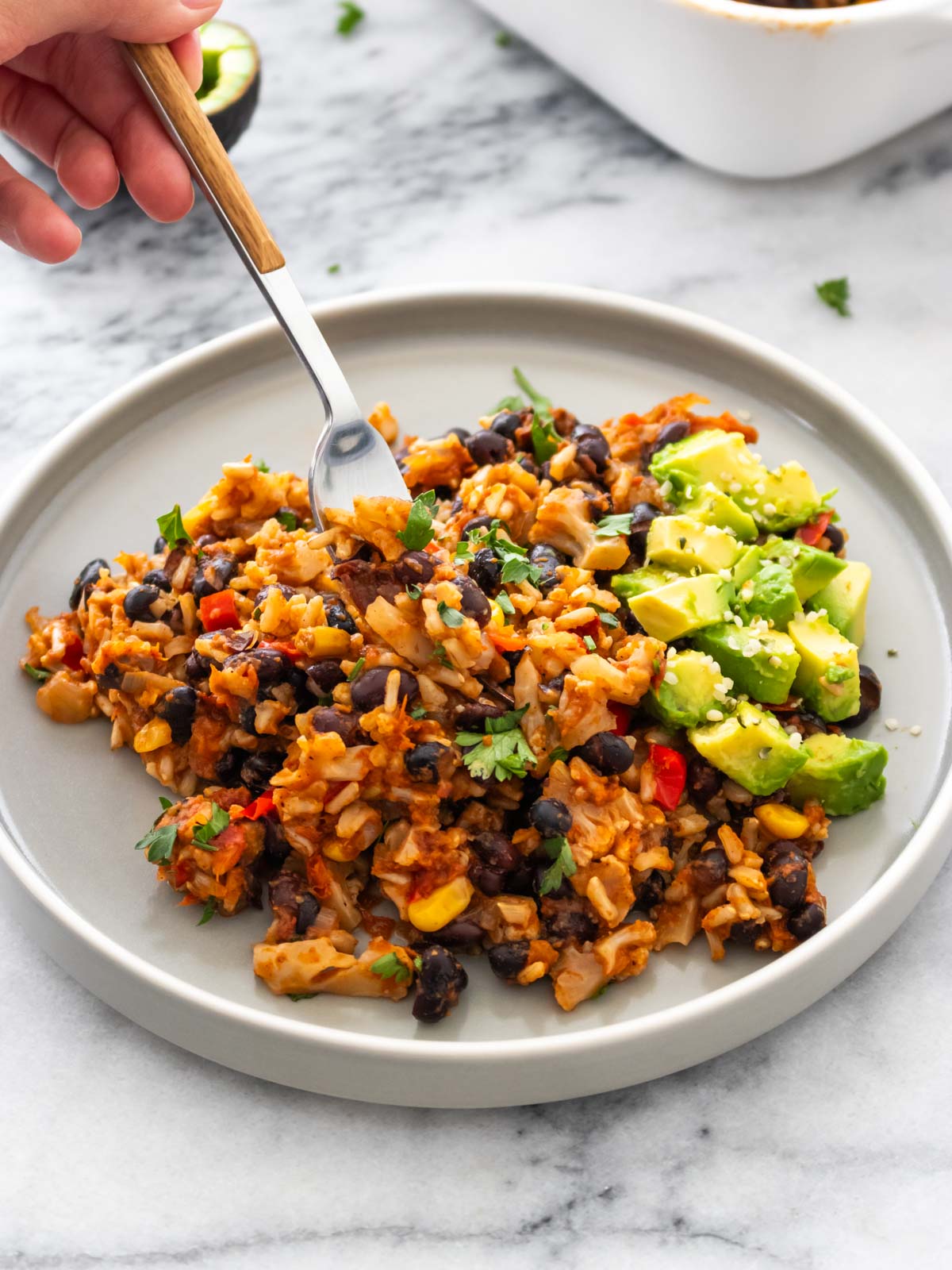 assado de arroz com feijão e vegetais servido em um prato com coentro fresco picado, limão e abacate picado