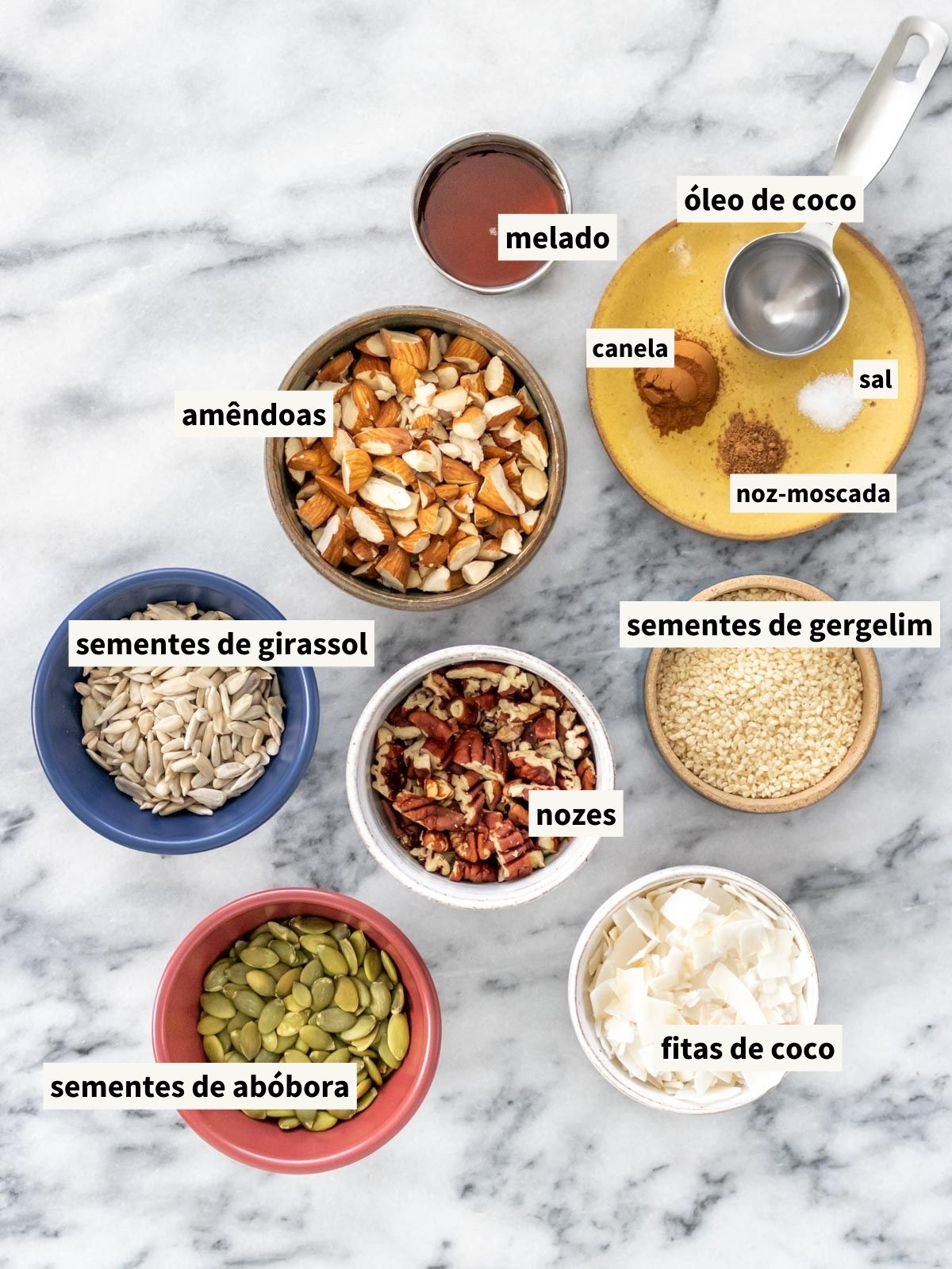 ingredientes para fazer granola low carb de oleaginosas e sementes (sem aveia), incluindo fitas de coco (coco desidratado), nozes-pecã, amêndoas, sementes de girassol sem casca, sementes de abóbora sem casca, sementes de gergelim brancas e/ou pretas, canela em pó, noz-moscada moída, sal, óleo de coco derretido, adoçante líquido (como melado, maple syrup ou agave) e extrato de baunilha