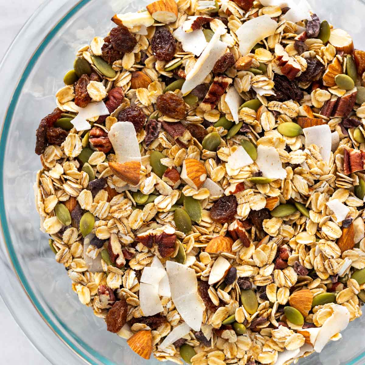 mistura de ingredientes de muesli caseiro em uma vasilha, incluindo aveia em flocos grossos, coco em fitas (coco desidratado), nozes-pecã, amêndoas, sementes de abóbora sem casca, sementes de gergelim, sementes de chia, nibs de cacau e uvas-passas